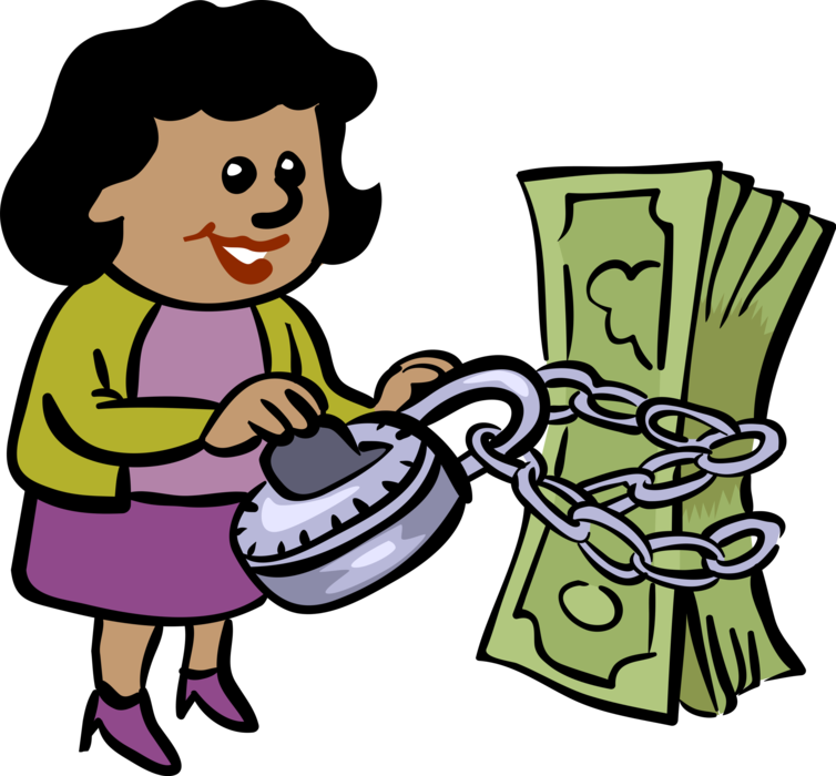 Vector Illustration of Woman Unlocks Combination Lock on Cash Money Dollars