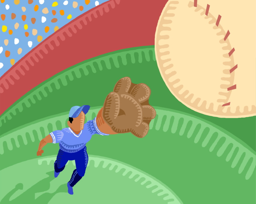 Vector Illustration of American Pastime Sport of Baseball Player Catches Ball in Outfield During Stadium Game