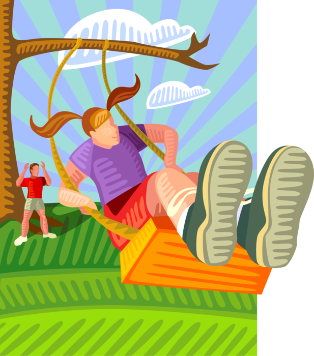 Vector Illustration of Fathers Pushes Child on Backyard Swing Attached to Tree Limb