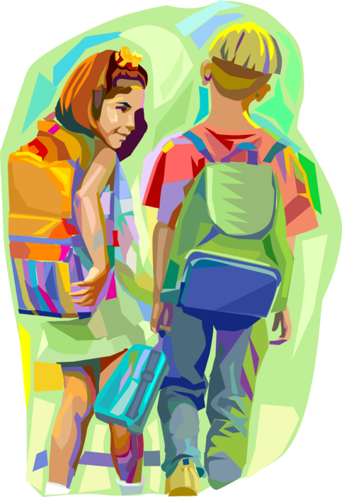 Vector Illustration of School Students with Backpack or Knapsack Schoolbags Walk to Class