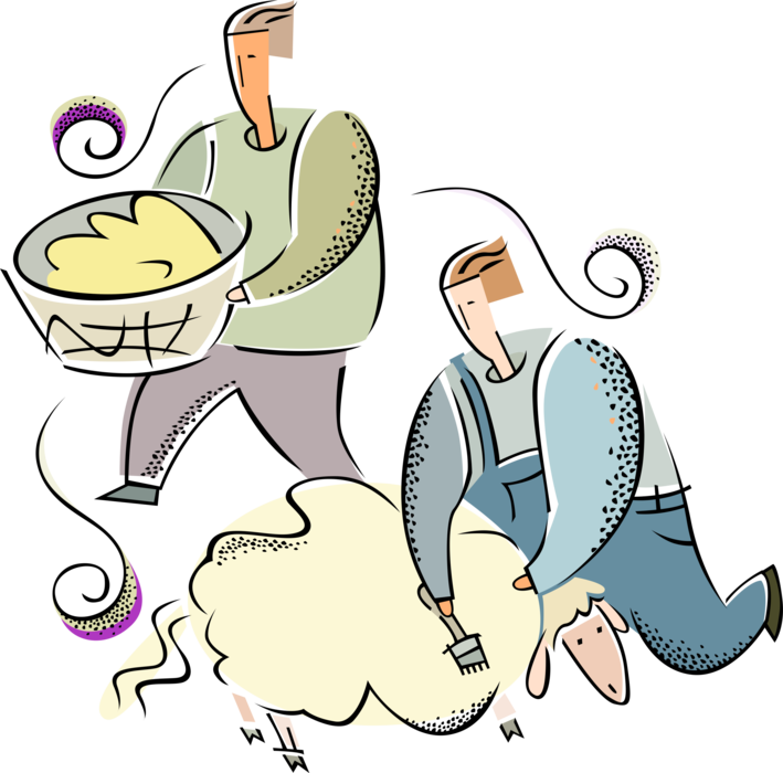 Vector Illustration of Farmer Shearing Sheep for Wool
