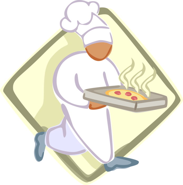 Vector Illustration of Culinary Chef With White Hat Runs to Deliver Hot Pizza