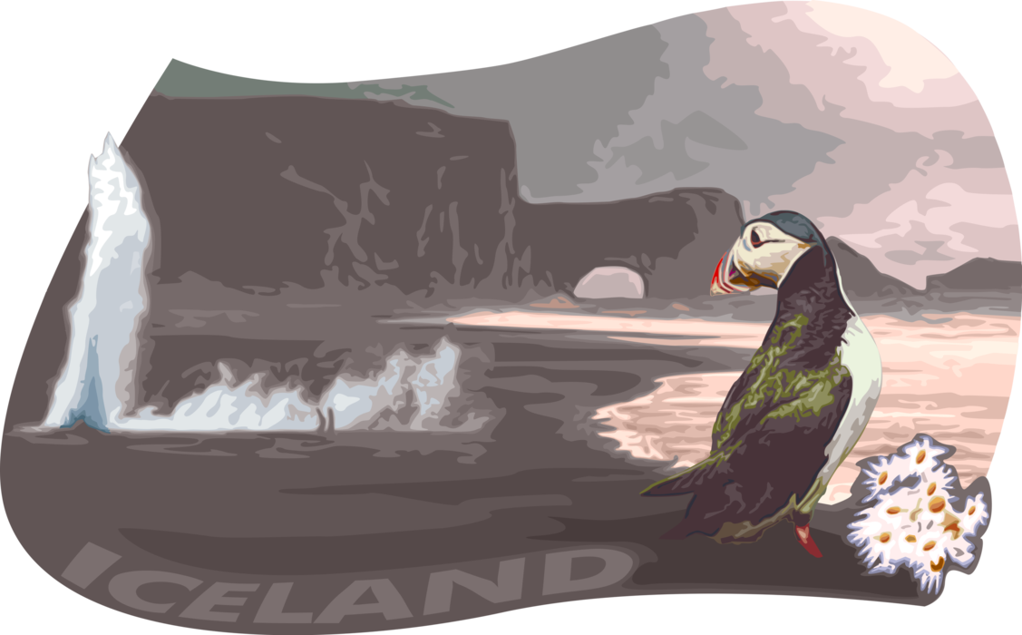 Vector Illustration of Iceland with Pelagic Seabird Puffin Bird and Mountain Avens Flowers
