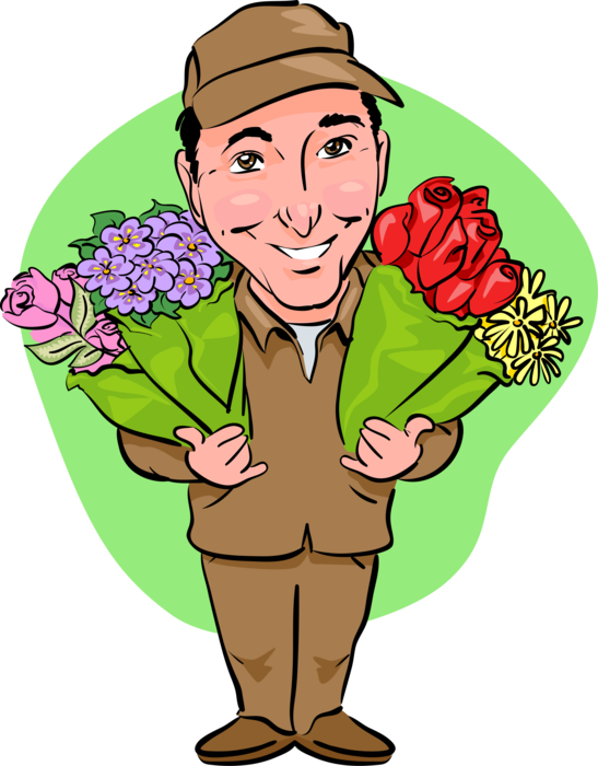 Vector Illustration of Florist Delivery Man Delivers Gift of Flowers