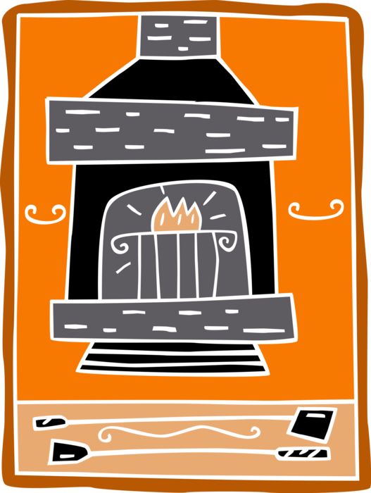 Vector Illustration of Fireplace with Broom and Shovel Tools