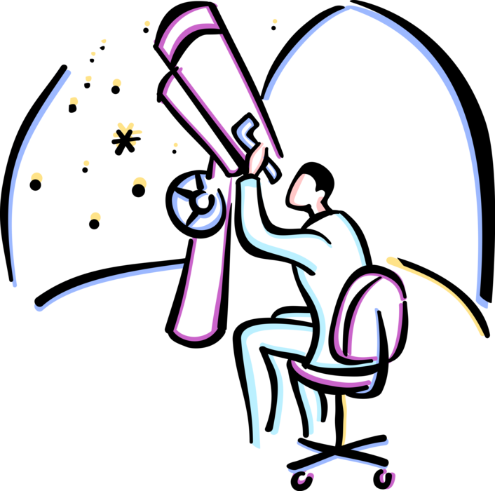 Vector Illustration of Astronomer Views the Known Universe and Stars Through Telescope