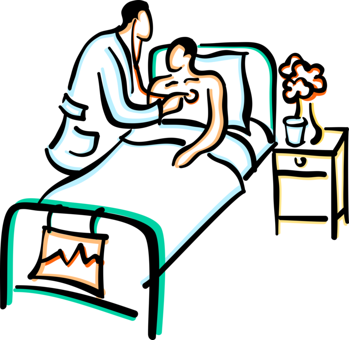 Vector Illustration of Health Care Professional Doctor Physician with Stethoscope and Hospital Patient in Bed