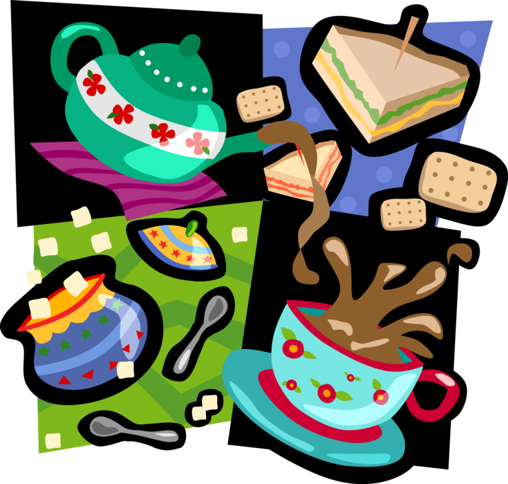 Vector Illustration of Lunch Sandwiches, Coffee, Tea and Sugarcubes
