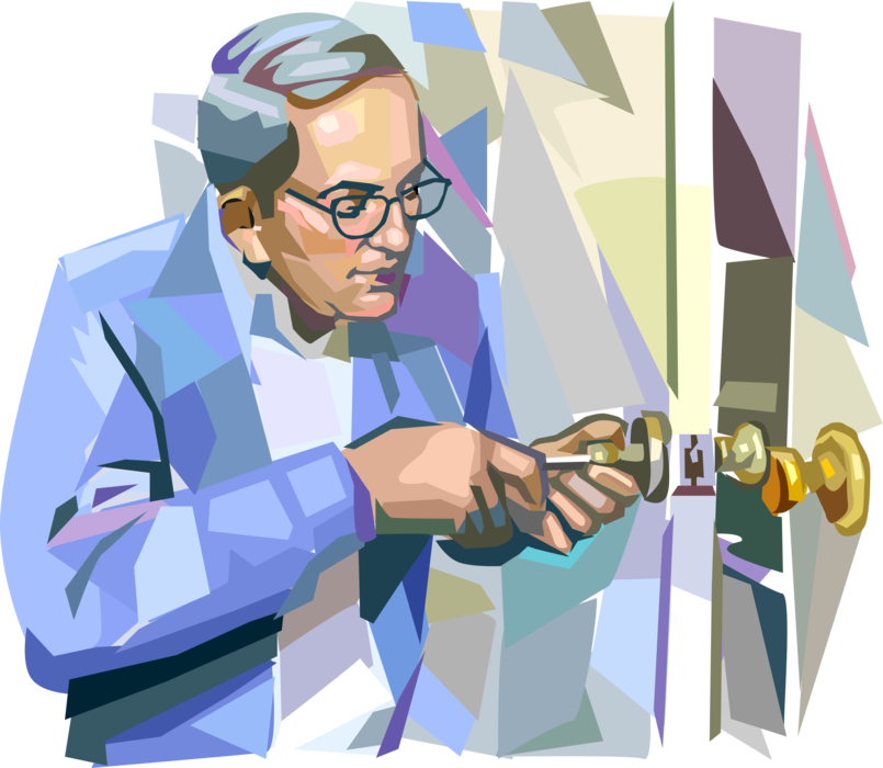Vector Illustration of Security Consultant Locksmith Replaces Door Locks with Tools