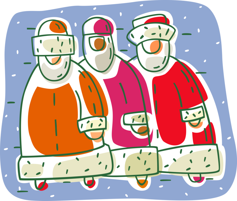 Vector Illustration of Three Wise Men in Santa Suits at Christmas