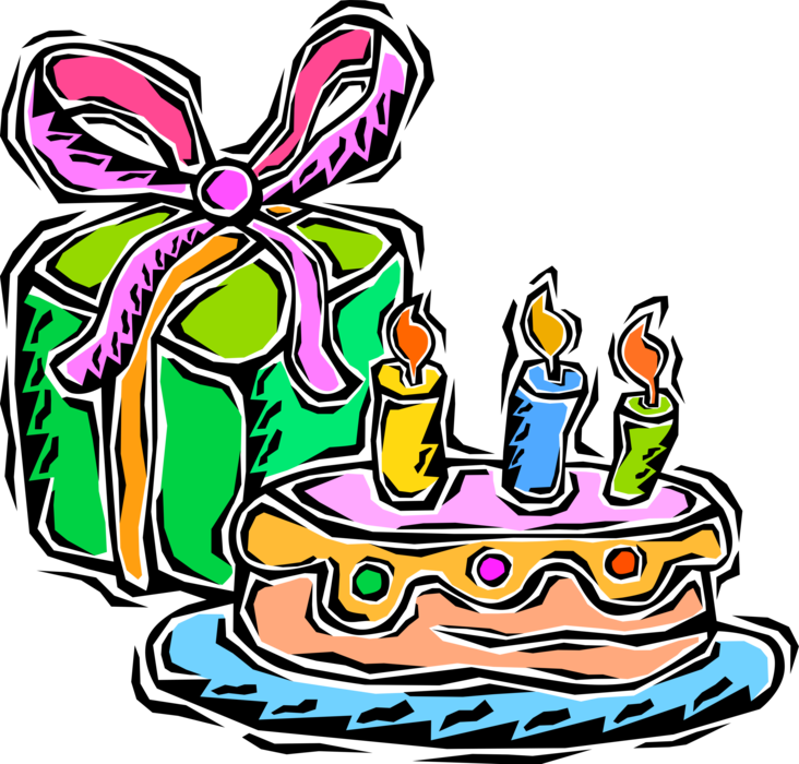 Vector Illustration of Dessert Pastry Birthday Cake with Lit Candles and Present Gift