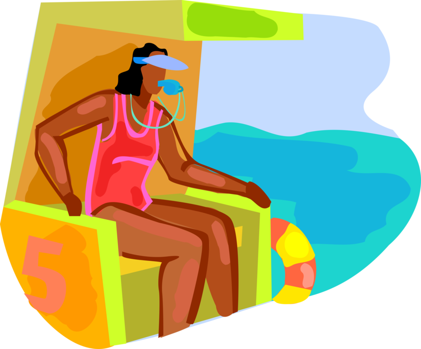 Vector Illustration of Lifeguard Keeps Watch on Beach Swimmers with Whistle and Life Preserver