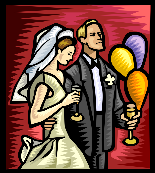 Vector Illustration of Bride and Groom at Marriage Ceremony on Wedding Day