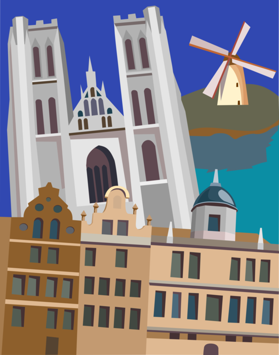 Vector Illustration of Saint Michel's Christian Church Cathedral, Brussels, Belgium