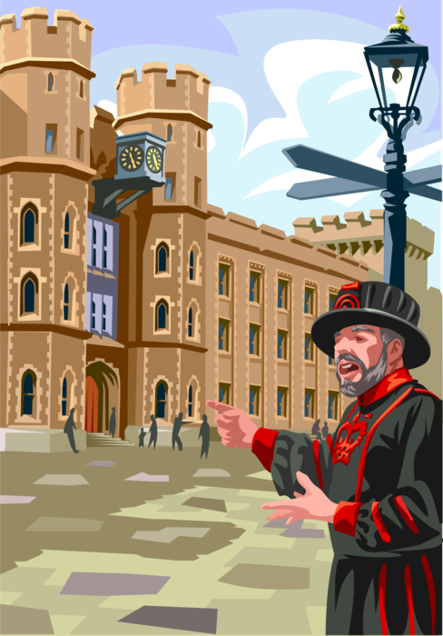 Vector Illustration of Yeomen of the Queen's Body Guard at Tower of London Housing Royal Crown Jewels