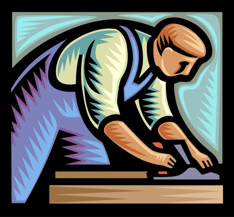Vector Illustration of Woodworking and Carpentry Carpenter Planing Lumber with Wood Planer Tool
