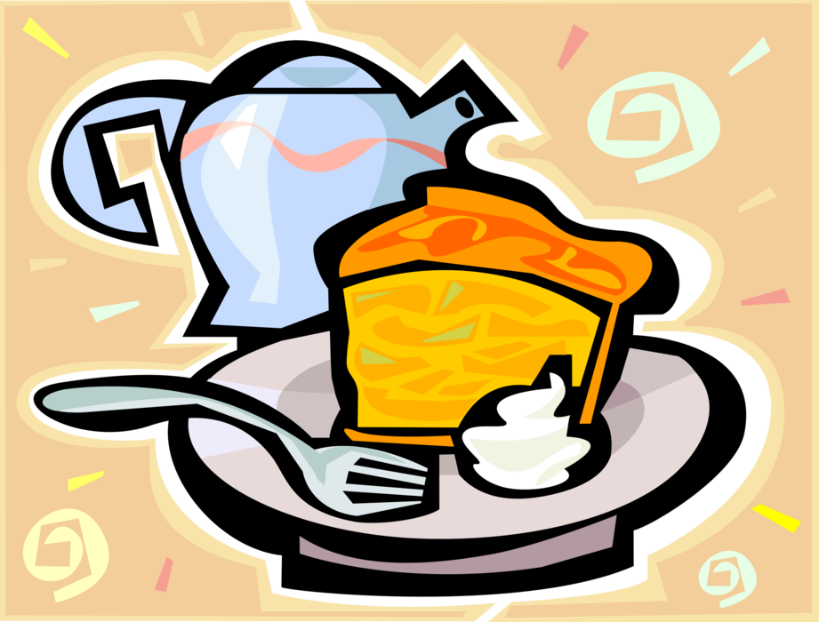 Vector Illustration of Slice of Dessert Pie with Teapot and Fork