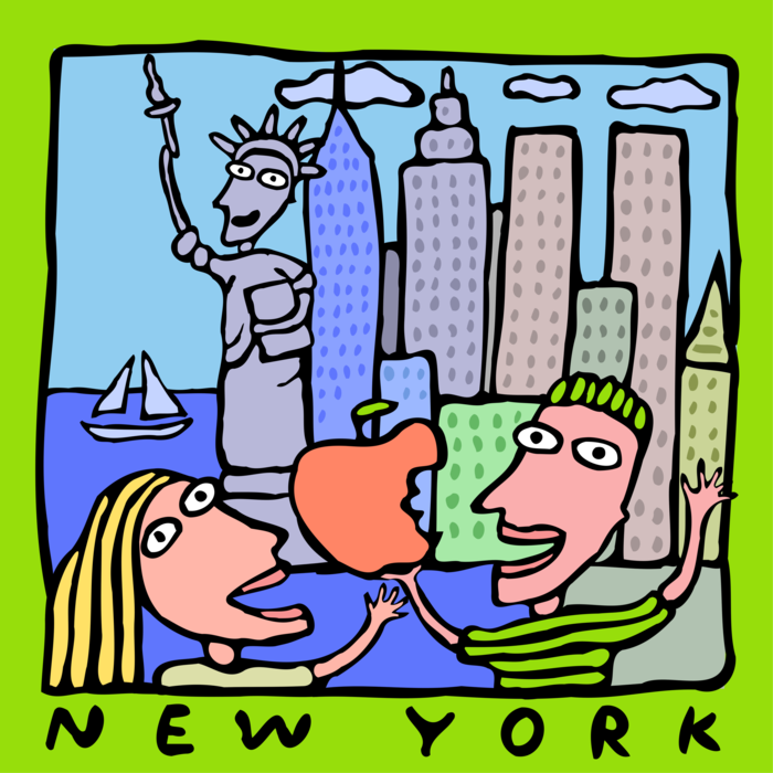 Vector Illustration of Tourists Take Bite of Big Apple in New York City with Statue of Liberty