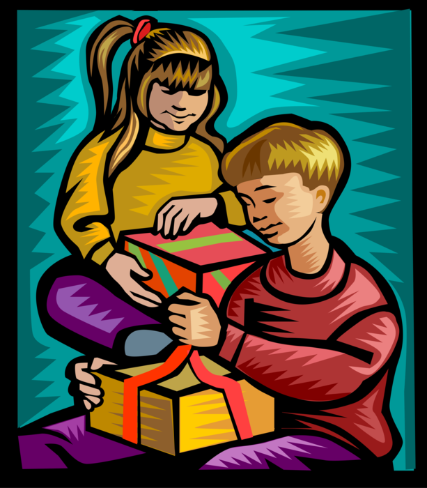 Vector Illustration of Children Open Christmas Gifts and Presents