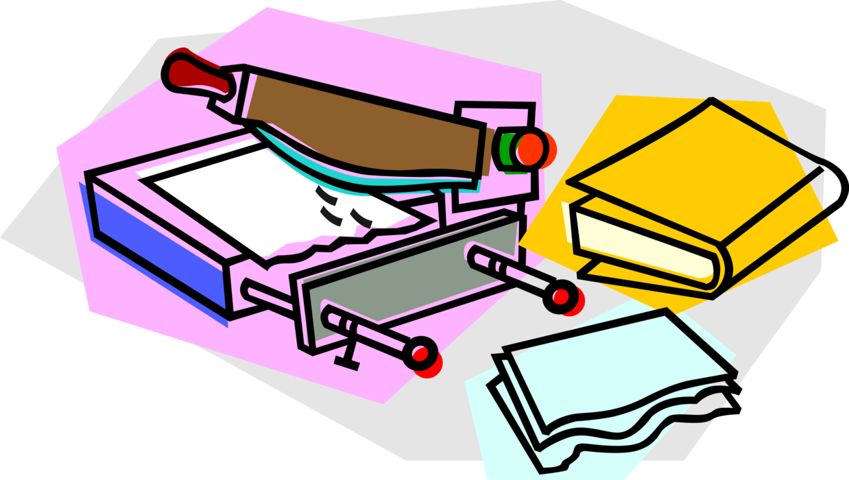 Vector Illustration of Book Binding Process with Paper Cutter Trimmer or Guillotine 