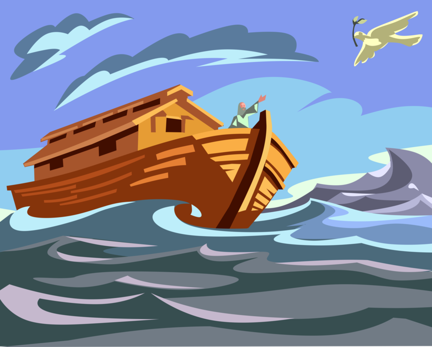 Vector Illustration of Noah's Ark, After Forty Days Dove Brings Olive Bow Biblical Story