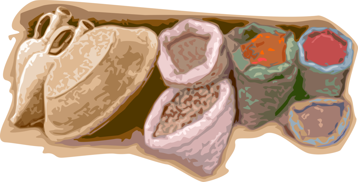 Vector Illustration of Sacks of Spices used for Flavoring, Coloring or Preserving Food at Market