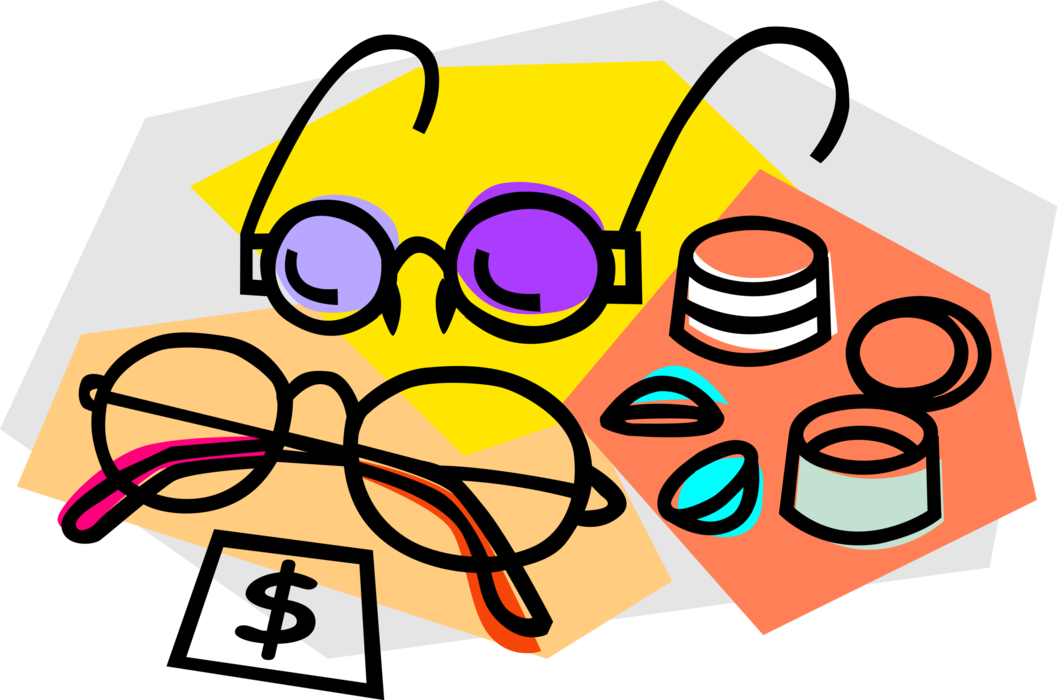 Vector Illustration of Optical Eyeglasses and Contact Lenses on Sale in Retail Eyewear Store