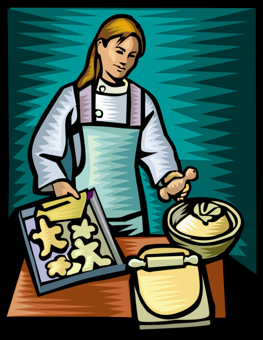 Vector Illustration of Baker Baking Cookies with Flour Dough in Kitchen