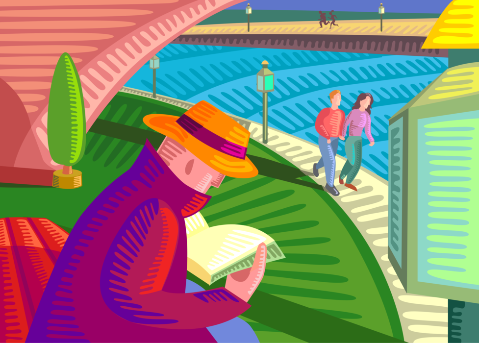 Vector Illustration of Reading Book on Park Bench Beside River