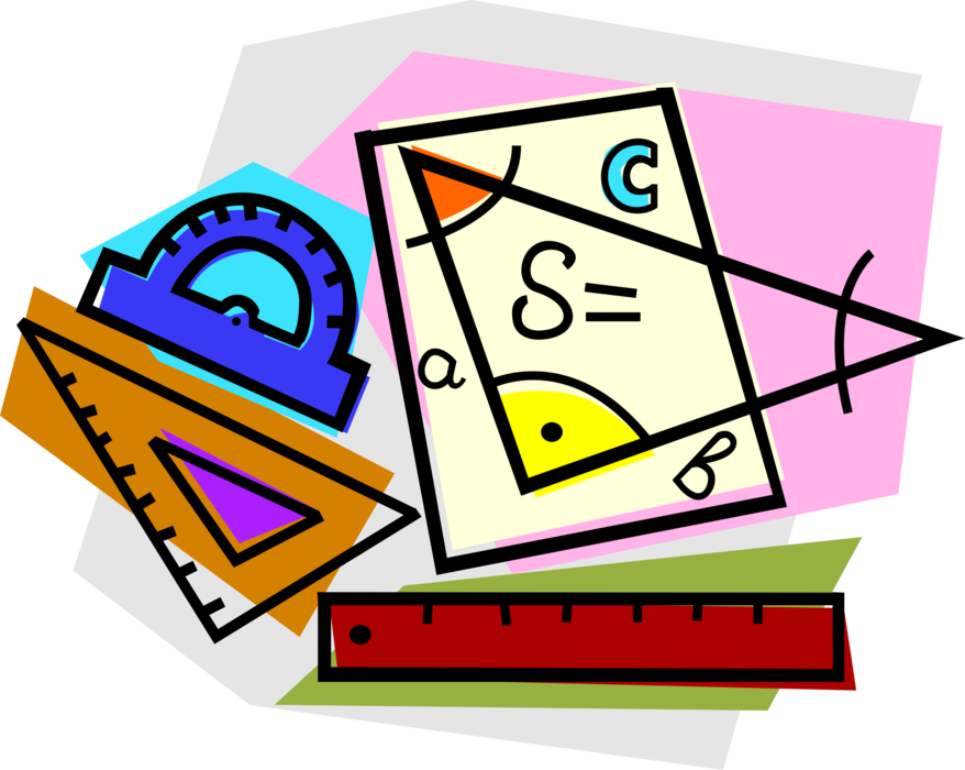 Vector Illustration of Mathematics Geometry Class with Triangle Ruler and Protractor for Measuring Angles