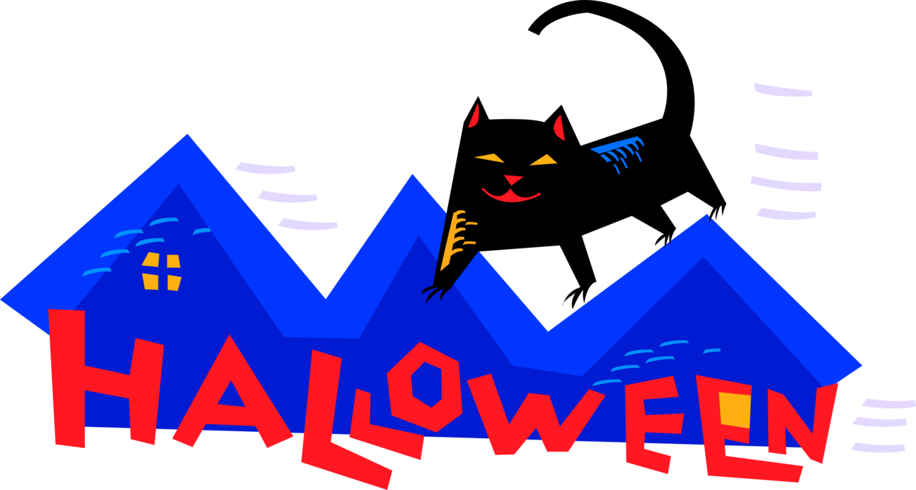 Vector Illustration of Halloween Black Cat Associated with Witchcraft, Ill Omens, and Death