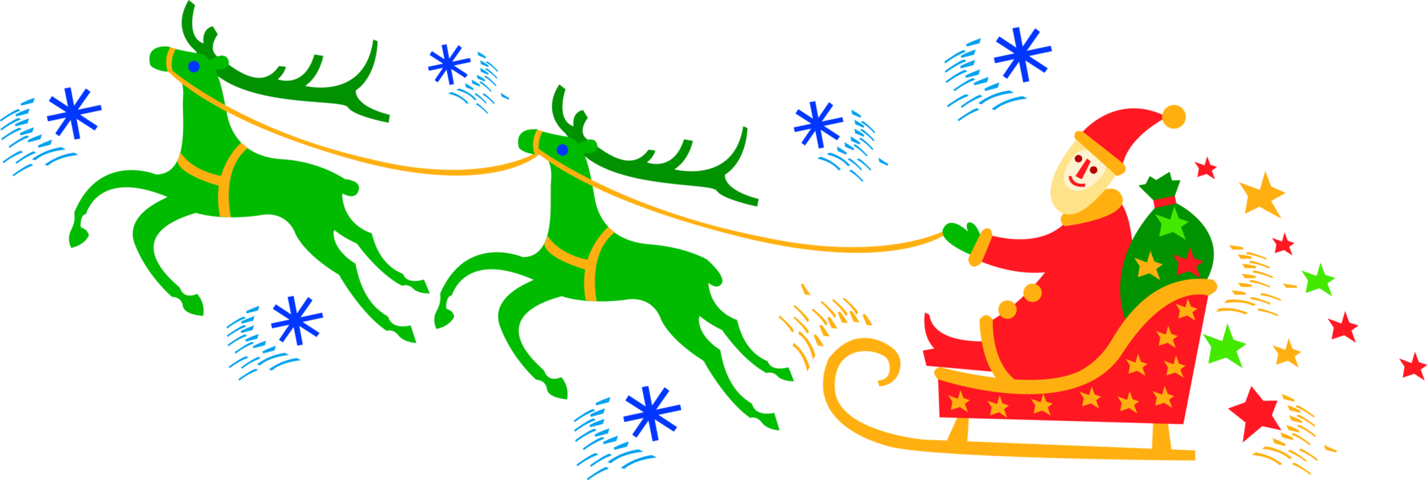 Vector Illustration of Santa Claus in Sleigh with Gifts and Green Reindeer
