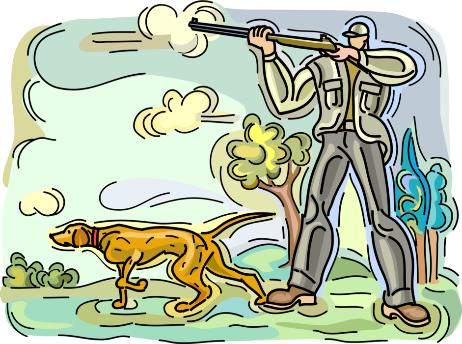Vector Illustration of Hunter Shoots Hunting Rifle and Retriever Dog