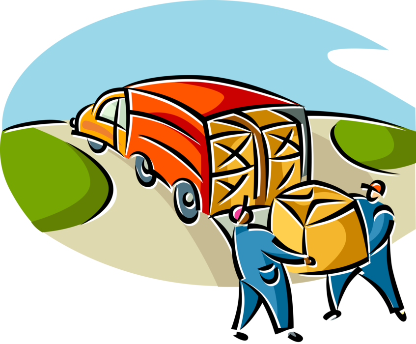 Vector Illustration of Workers Load Boxes onto Shipping and Distribution Transport Delivery Truck 