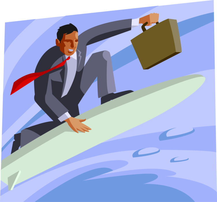 Vector Illustration of Businessman Surfer on Surfboard Surfing the Waves