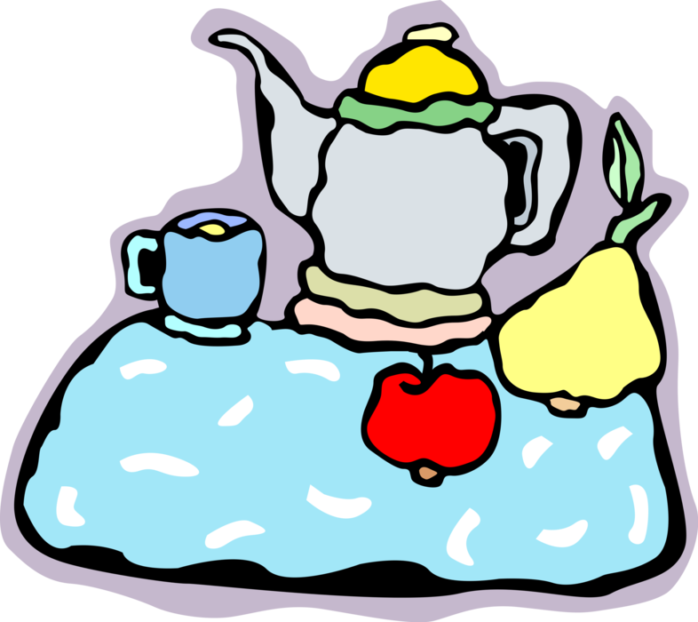 Vector Illustration of Teapot with Spout and Handle, Tray and Fruit Snack