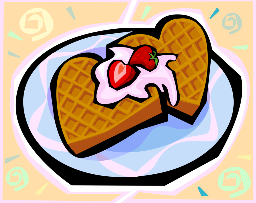 Vector Illustration of Breakfast Batter Cake Waffles with Strawberries and Whipped Cream
