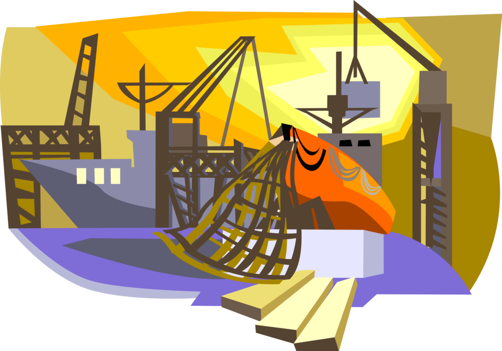 Vector Illustration of Marine Cargo Shipping Industry with Cranes Unload Ship at Loading Dock