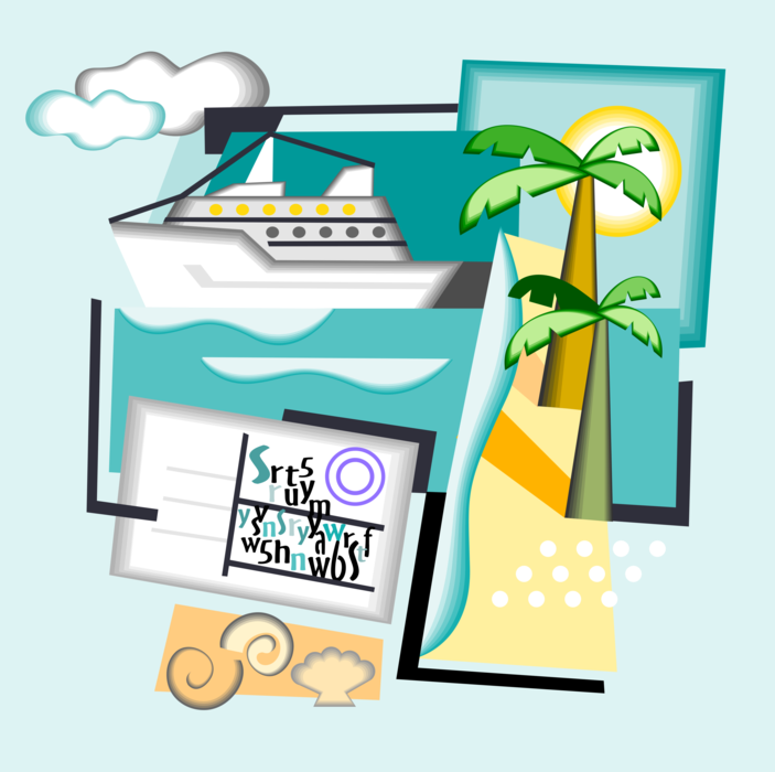 Vector Illustration of Vacation Travel with Palm Trees and Pleasure Voyage Passenger Cruise Ship 