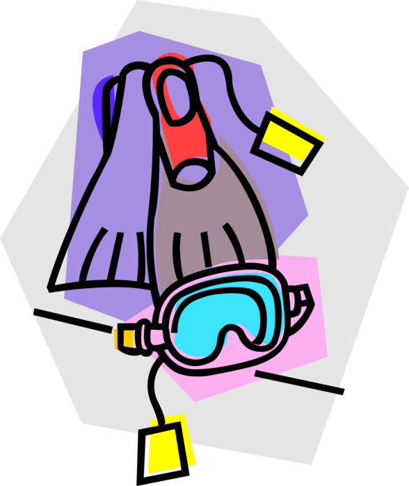 Vector Illustration of Diving Mask and Diving and Snorkeling Fins or Flippers in Retail Dive Shop or Store