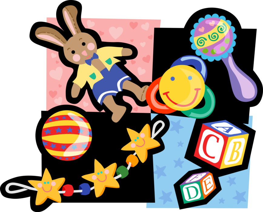 Vector Illustration of Newborn Infant Baby Toys with Bunny, Rattle and Building Blocks
