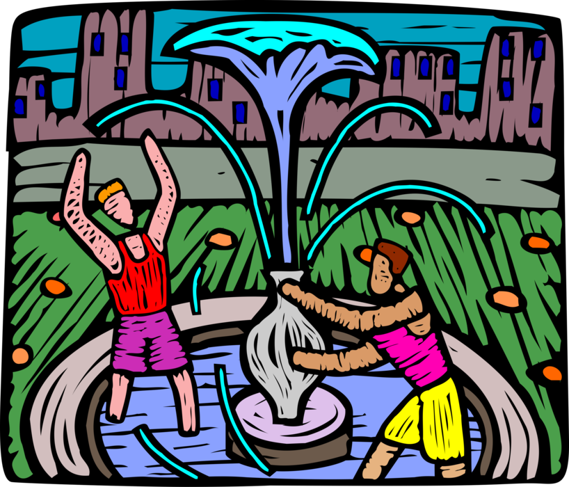 Vector Illustration of Children Playing in Park Fountain