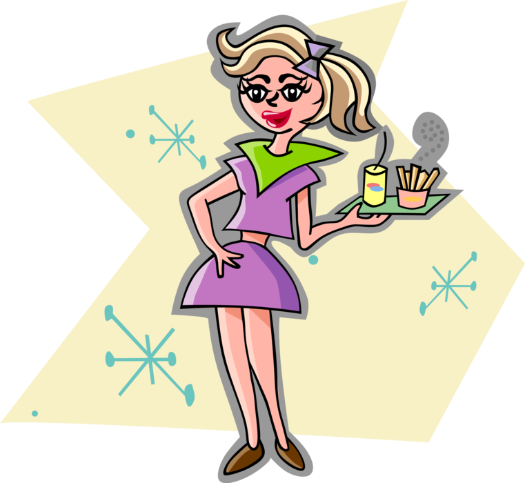 Vector Illustration of Fast Food Restaurant Waitress with Tray of French Fries and Soft Drink Soda