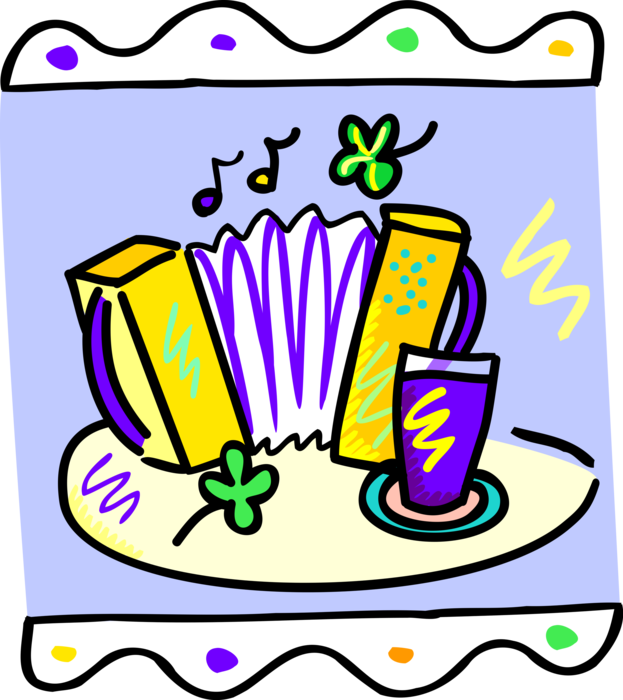 Vector Illustration of Accordion Bellows-Driven Musical Instrument with Alcohol Beverage and Shamrocks