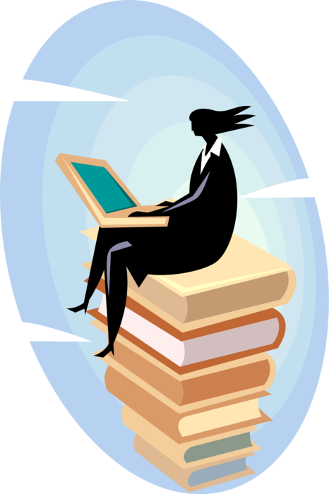 Vector Illustration of Businesswoman Reads Books on Computer