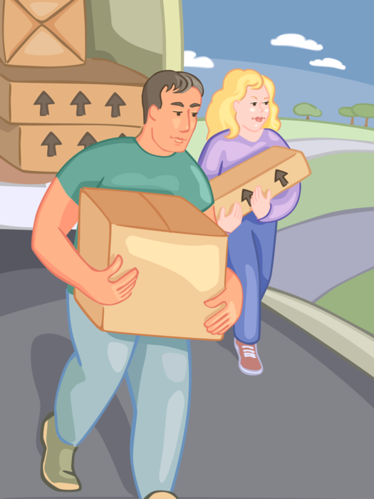 Vector Illustration of Handymen Home Moving Company Movers Deliver Boxes and House Furnishings