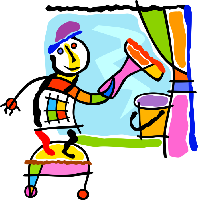 Vector Illustration of Window Washer Cleaning and Washing Home Windows