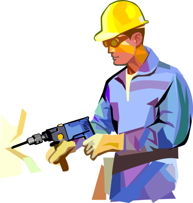 Vector Illustration of Construction Worker with Electric Drill 