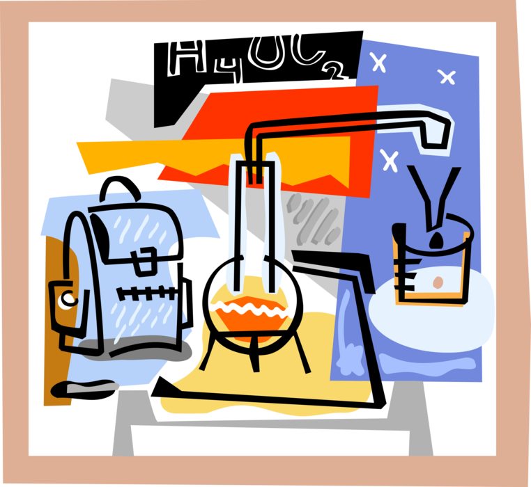 Vector Illustration of School Chemistry Class with Laboratory Flasks and Beaker Glassware