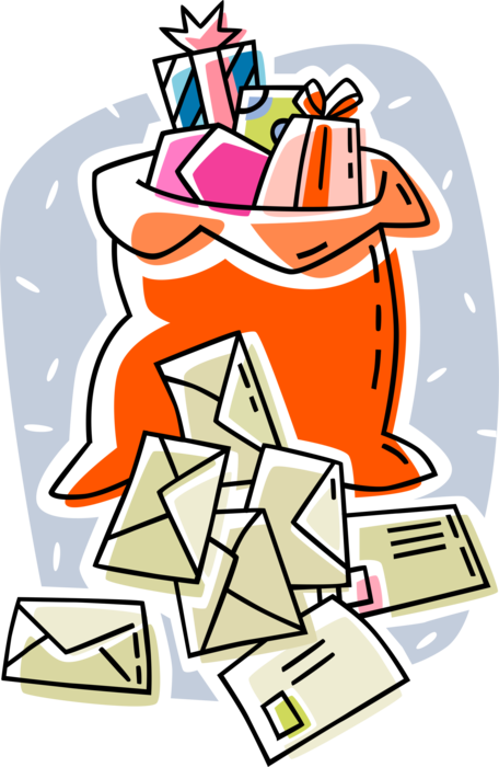 Vector Illustration of Santa Claus Receives Letters with Sack of Gift Wrapped Presents